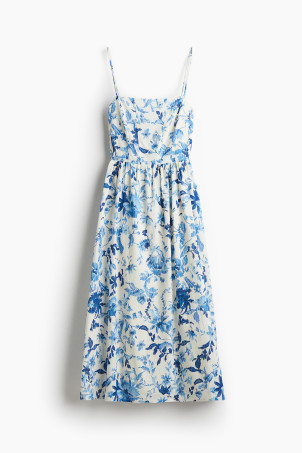 Linen-blend Midi Dress - Green/floral - Ladies | H&M US | H&M (US + CA)