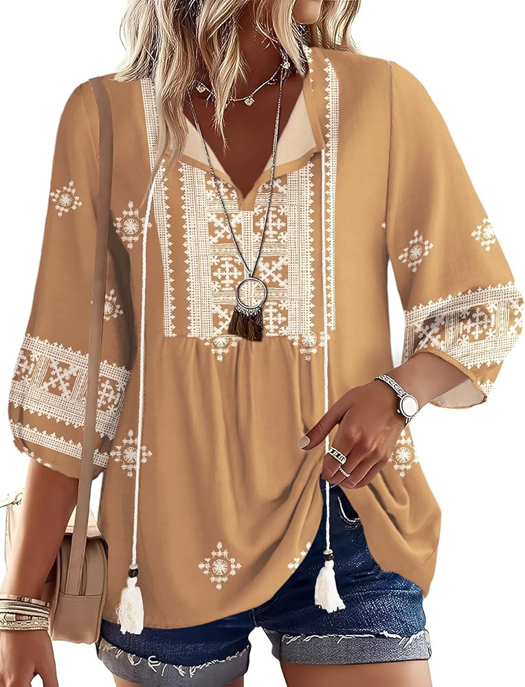 Rapbin Women Summer Boho Tops 3/4 Sleeve Pleated Blouses Casual V Neck Tie Front Spring Tunic Tops | Amazon (US)