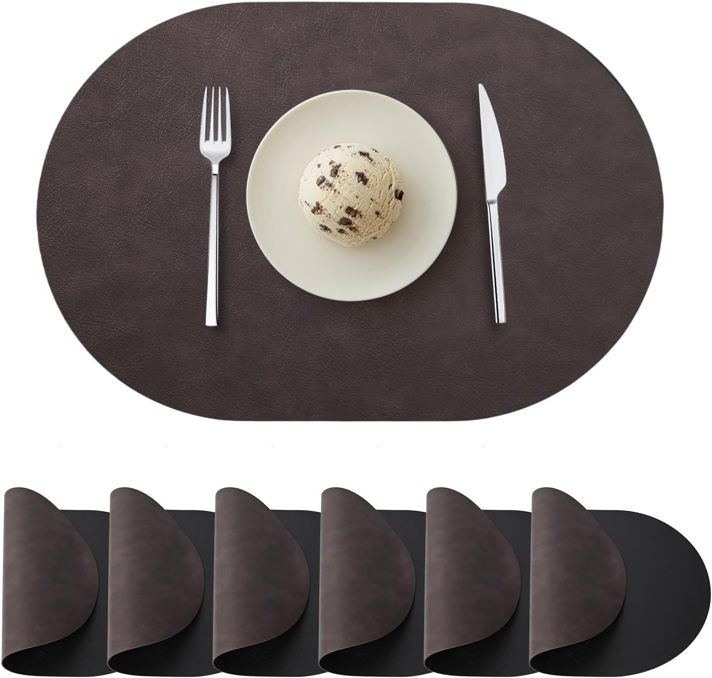 Oval Placemats Set of 6, Faux Leather Place Mats for Dining Table Dual Sided Placemats Heat Resistant Washable Wipeable Table Mats for Indoor Outdoor, Dark Brown/Black | Amazon (US)