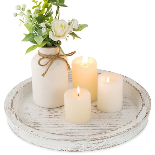Hanobe Candle Plate Holder Tray: Round White Wood Decorative Tray Decor - Rustic Farmhouse CoffeeTable Decor - Tealight Pillar Trays for Home Decor | Amazon (US)