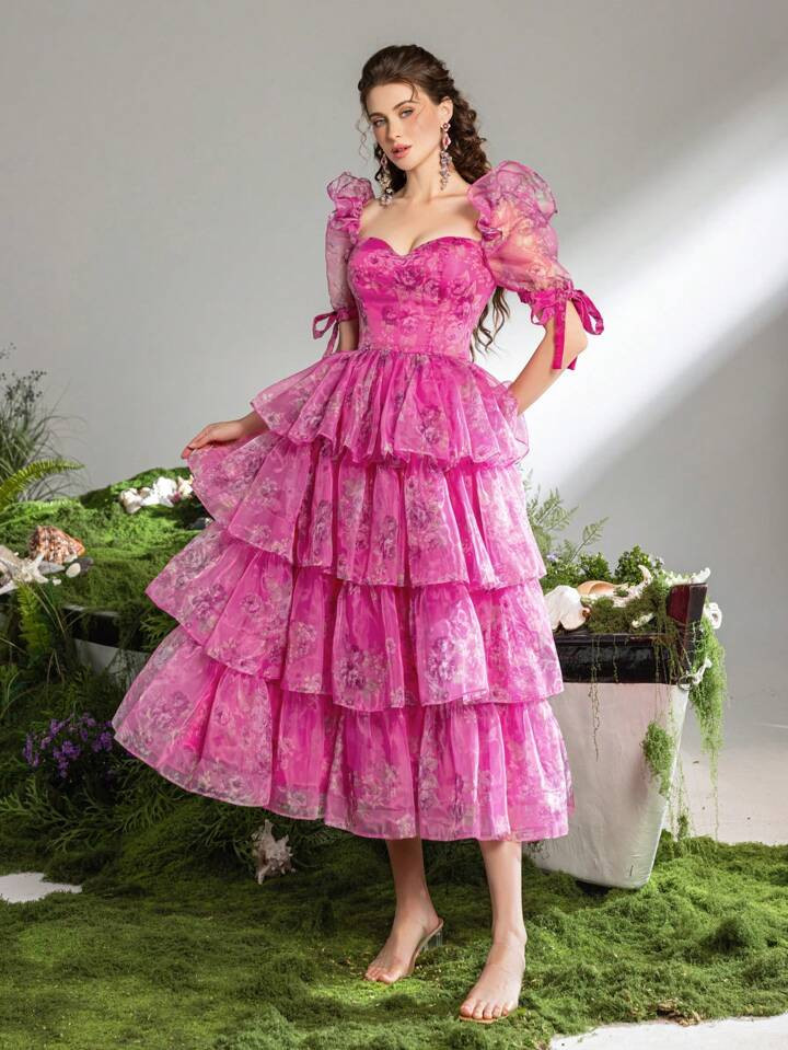 Sweetheart Collar Puff Sleeves Floral Organza Party Dress, Wedding Guest Dress, Prom Dress | SHEIN