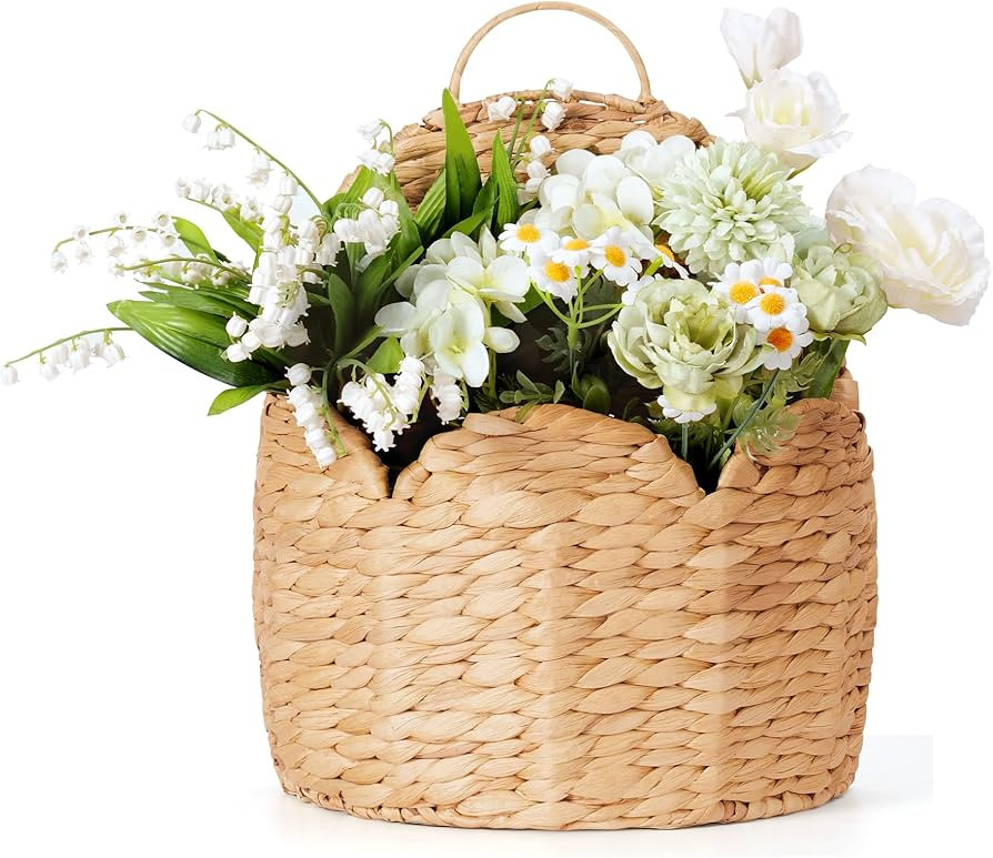 Scalloped Edge Hanging Planter Basket,Water Hyacinth Woven Wall Baskets for Front Door,Hangable S... | Amazon (US)