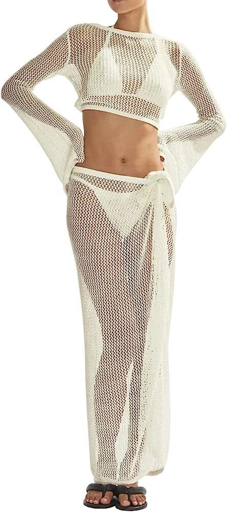 Women's Swimsuits Cover Ups Set for Crochet Bathing Suit Hollow Out 2 Piece Bikini Coverup Beach ... | Amazon (US)