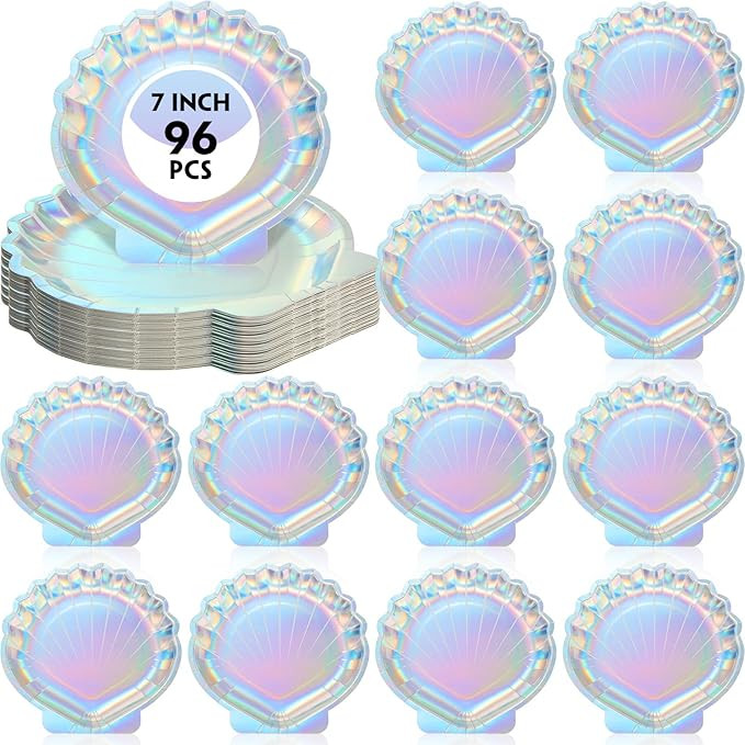 Zopeal 96 Pcs Mermaid Plates Seashell Paper Plates Sea Iridescent Mermaid Party Shaped Plates 7 I... | Amazon (US)