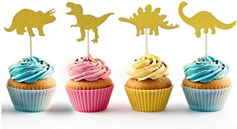 Topfun 24 Counts Dinosaur Cupcake Toppers Gold Glitter Cake Picks for Baby Shower Kids Birthday Part | Amazon (US)