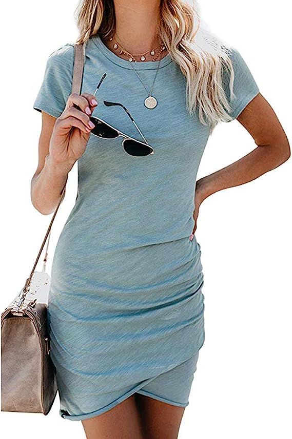 Women’s 2021 Summer Casual Crew Neck Ruched Stretchy Tulip Hem Bodycon Short Mini Dress T Shirt... | Amazon (US)