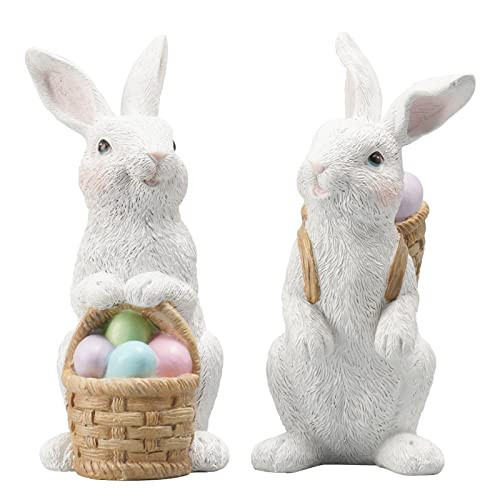 Easter-Basket Bunny-Decor-Figurines Home-Decorations - 2PC Easter Decorations Table Ornaments Resin Spring Bunny Carry Egg Basket Tabletop Decorations for Home Farmhouse 5.25H inch Newman House Studio | Amazon (US)