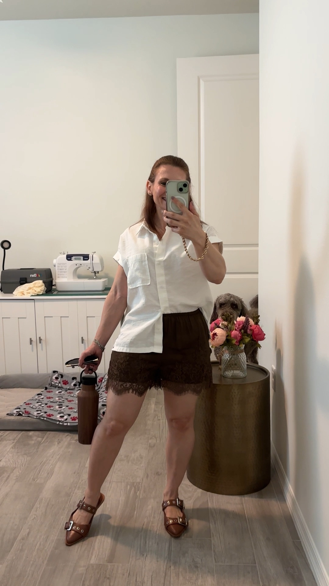 Lacy satin shorts style casually with a button up shirt for a lunch date with my pup 

#LTKPetite #LTKOver40 #LTKootd