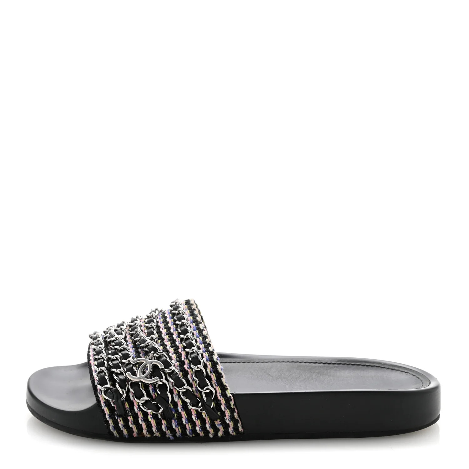 Chanel Satin Canvas Chain Slides Sandals Flats 37.5 Marine 1885258 | FASHIONPHILE (US)