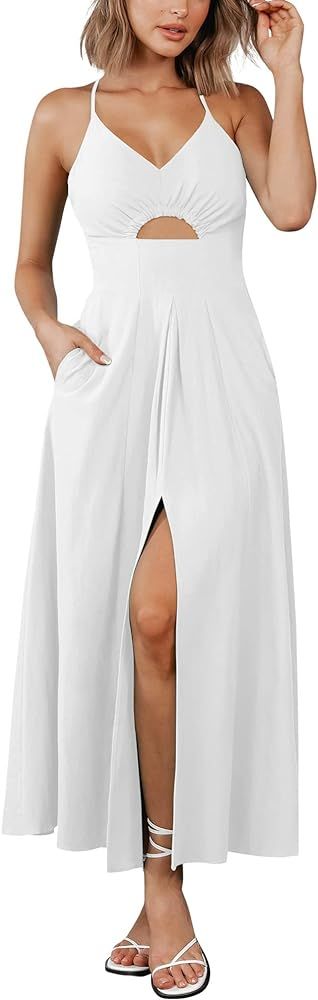 BTFBM Women 2023 Summer Spaghetti Strap Dress Sleeveless V Neck Cutout Slit Casual Beach Party Ma... | Amazon (US)