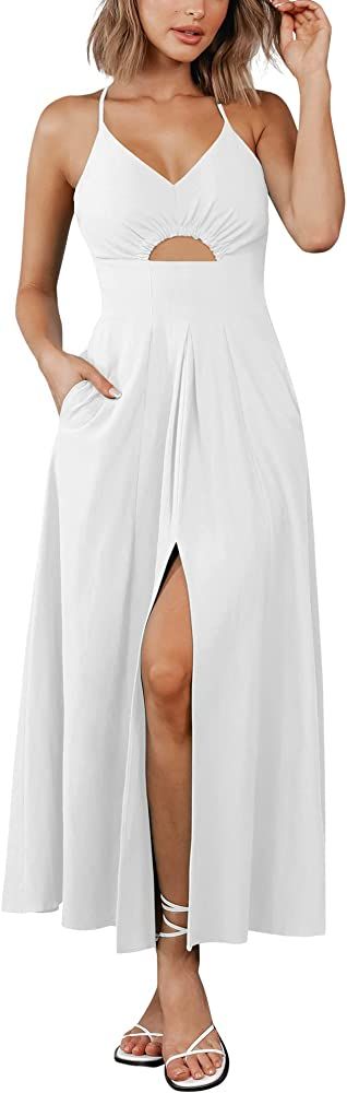 BTFBM Women 2024 Summer Spaghetti Strap Dress Sleeveless V Neck Cutout Slit Casual Beach Party Ma... | Amazon (US)
