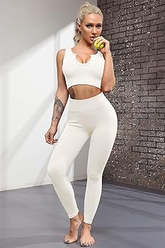 FAFOFA Workout Outfits for Women 2 Piece Ribbed Seamless Crop Tank High Waist Yoga Leggings Sets | Amazon (US)
