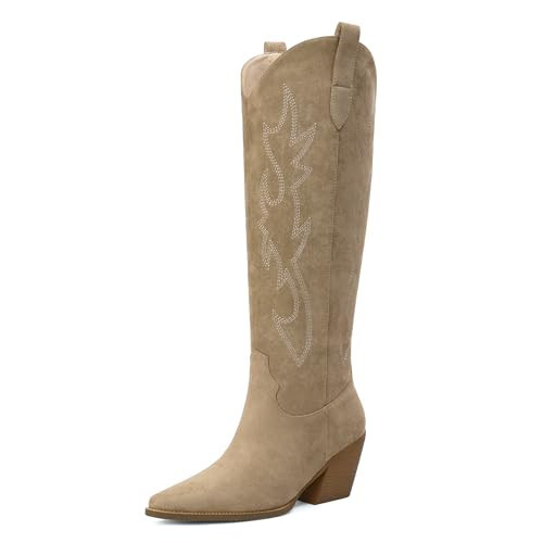 iiimmu Cowgirl Boots Women Knee High Pointed Toe and Block Heel Cowboy Suede Boots with Embroidered, Tan, Size 9 | Amazon (US)