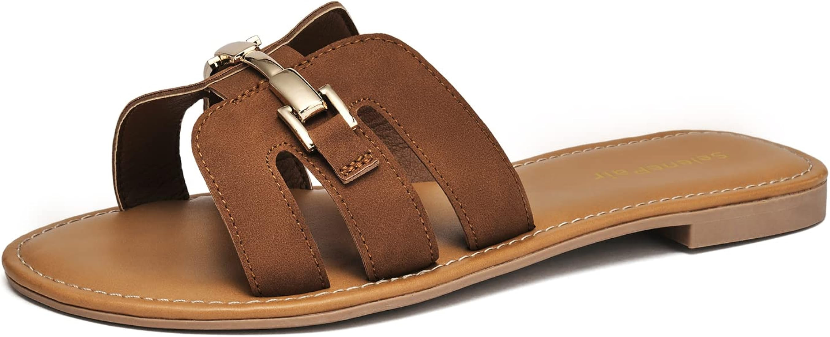 SelenePair Women's Flat H-Band Slide Sandals Fashion Round Open Toe Beach Slippers Slip-on Metal ... | Amazon (US)