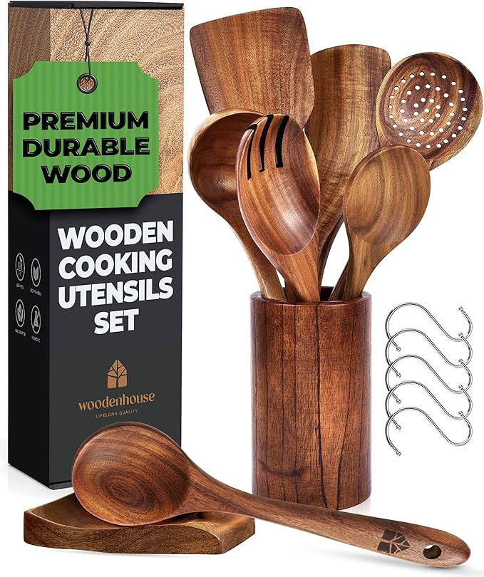 Wooden Spoons for Cooking, Wooden Cooking Utensils Set, Wooden Utensil Set with Holder, Spoon Res... | Amazon (US)