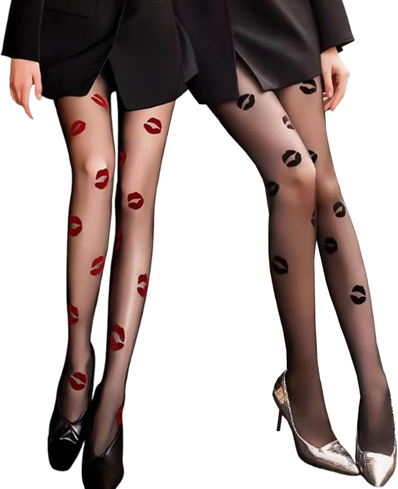 2 Pairs Women's Lip Print Tights Velvet Sheer Pantyhose Kiss Pattern Design Stockings for Party D... | Amazon (US)