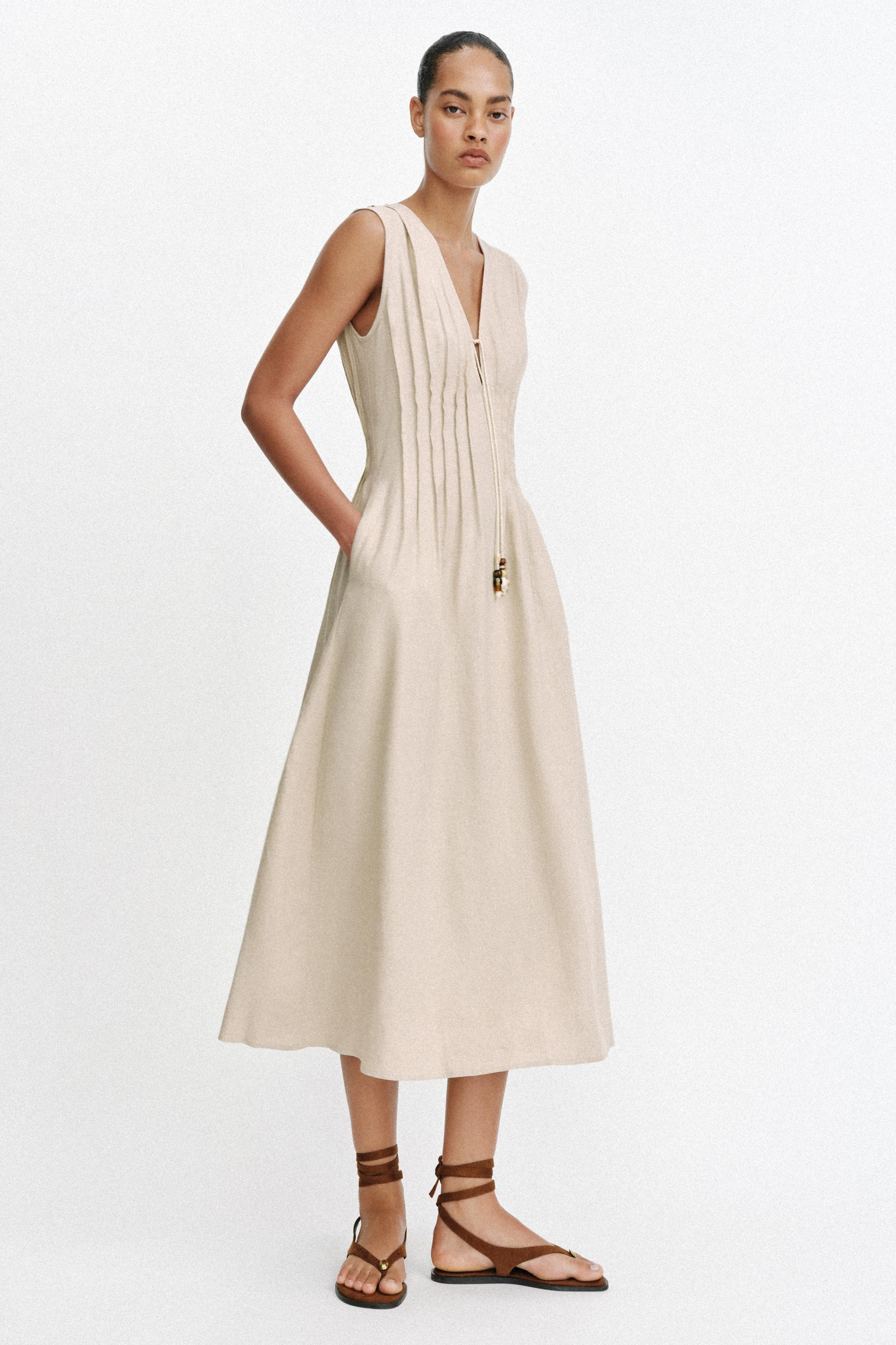 DRAWSTRING LINEN MIDI DRESS | Zara US