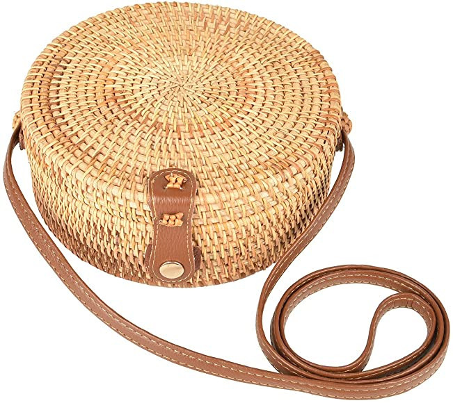 Yunno Handwoven Round Rattan Bag Tropical Beach Style Woven Shoulder Rattan Bag with Leather Stra... | Amazon (US)