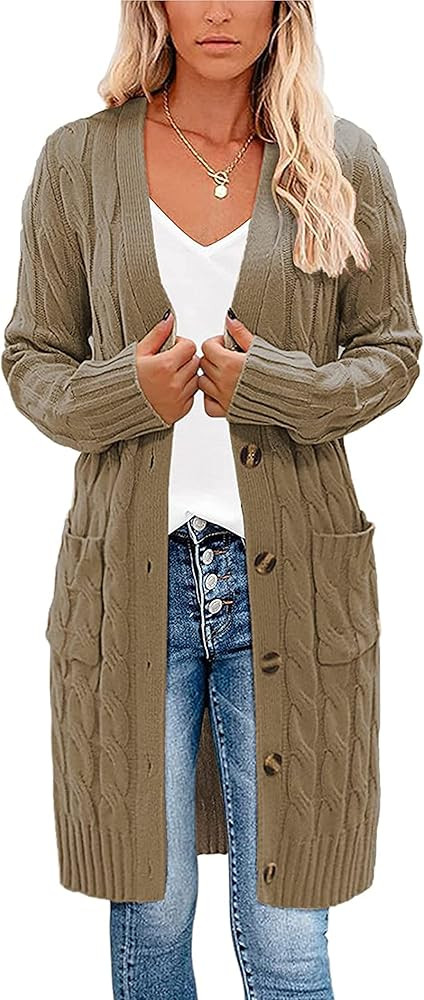 kinstell Womens Cable Knit Open Front Long Cardigan Sweaters Button Down Loose Long Sleeve Outerw... | Amazon (US)