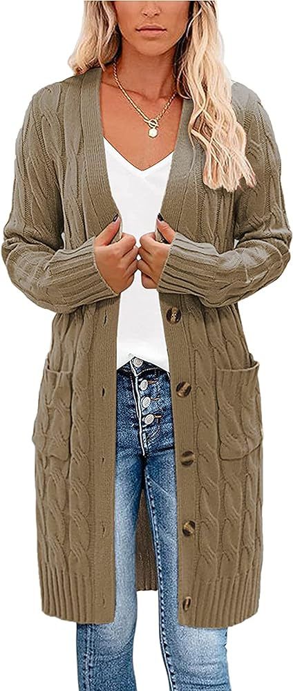 kinstell Womens Cable Knit Open Front Long Cardigan Sweaters Button Down Loose Long Sleeve Outerw... | Amazon (US)