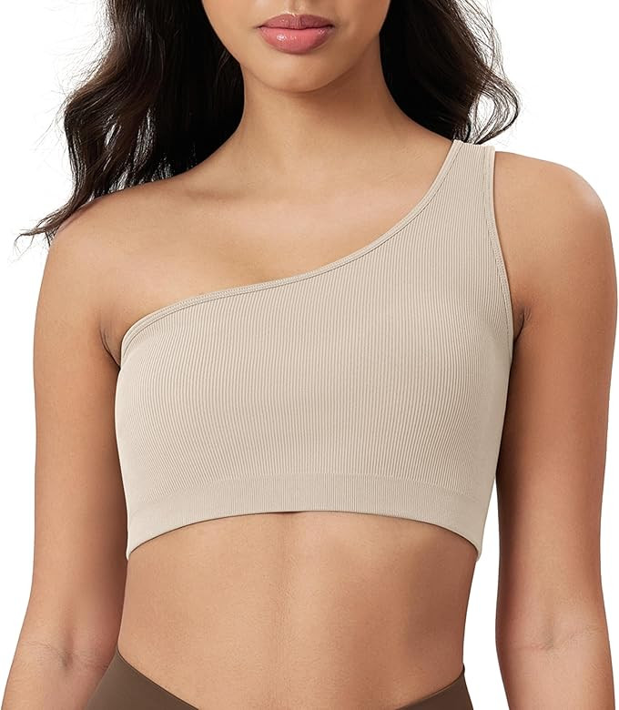 ODODOS Seamless One Shoulder Sports Bra for Women Ribbed Asymmetrical Non Padded Yoga Crop Tank T... | Amazon (US)