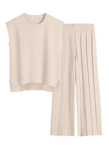ANRABESS Women 2 Piece Lounge Sets Summer Casual Knit Sweater Vest Pant Set Beach Vacation Airport Outfits Clothes Apricot Small | Amazon (US)