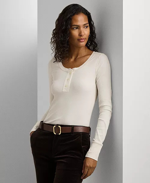 Lauren Ralph Lauren Women's Rib-Knit Henley Tee - Macy's | Macy's
