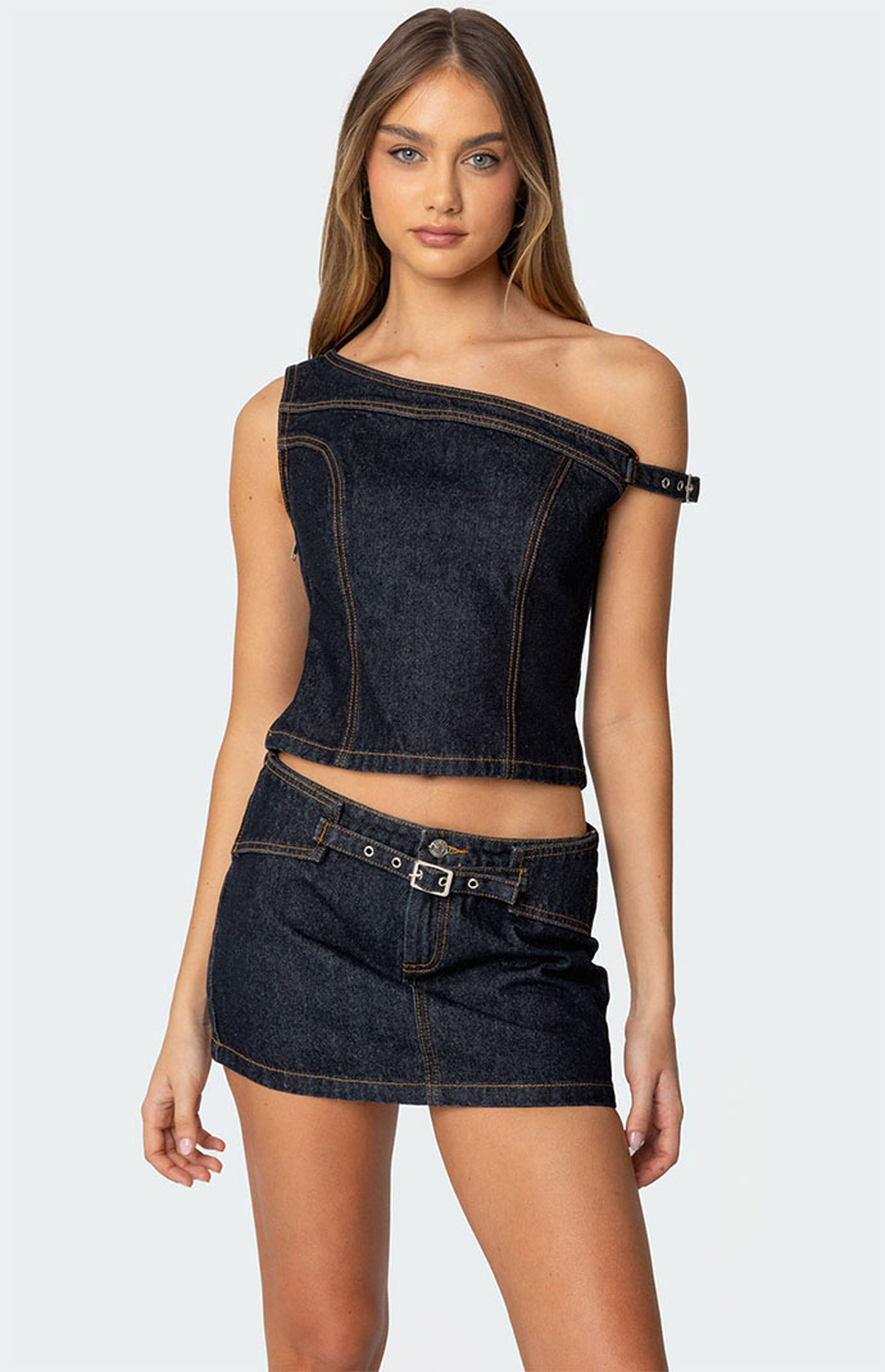 Edikted Keira Buckled Asymmetric Denim Top | PacSun