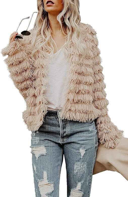 Womens Open Front Cardigan Faux Fur Coat Vintage Parka Shaggy Jacket Warm Coat Tops | Amazon (US)