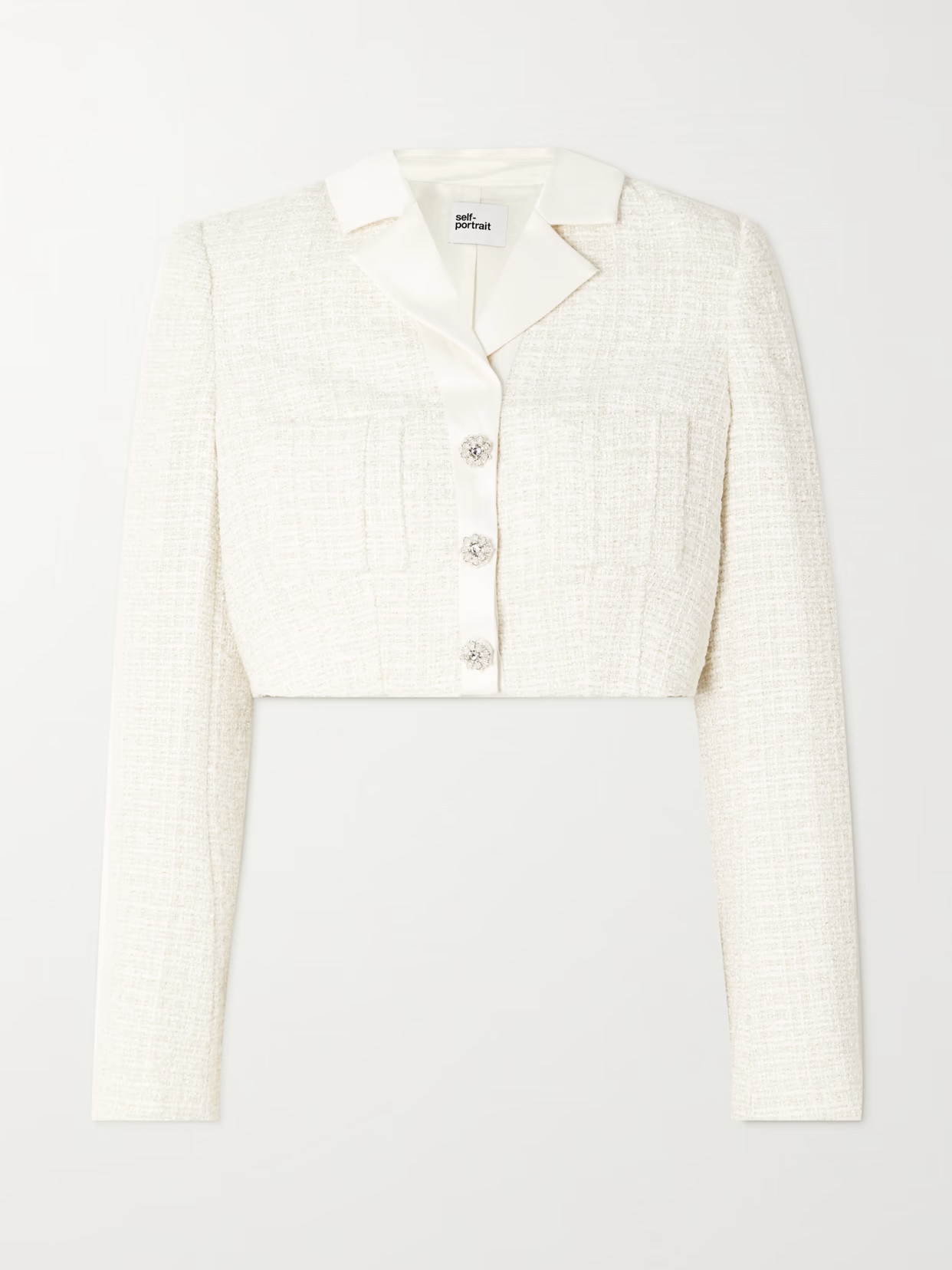 Self-Portrait - Cropped Embellished Satin-trimmed Metallic Bouclé-tweed Blazer - White | NET-A-PORTER (US)