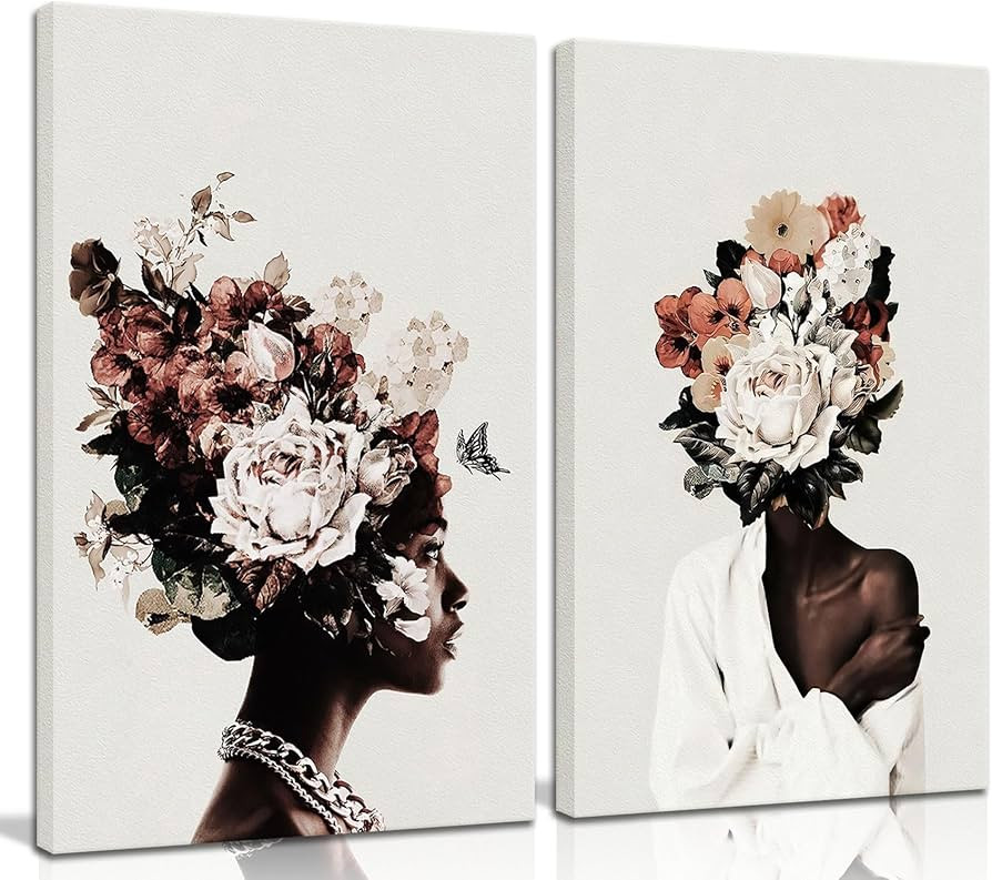 2pcs Framed African American Canvas Wall Art,Flower on Black Girl Women Head Butterfly Pictures P... | Amazon (US)
