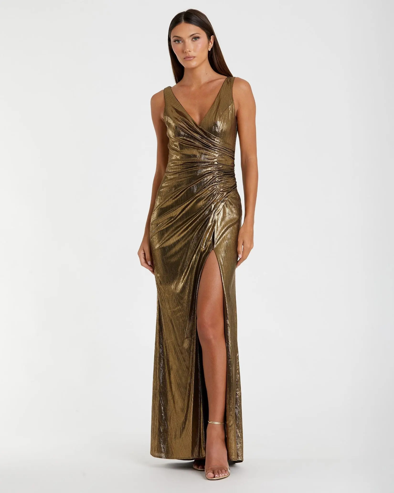 Gold Metallic Ruched Front Slip V-Neck Gown | Mac Duggal