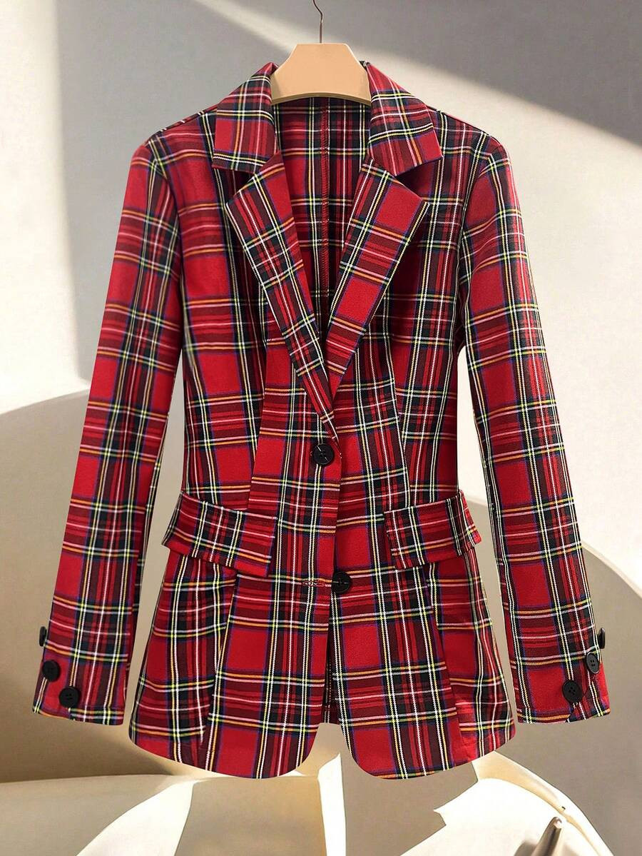 Women's Casual Christmas Plaid Single-Breasted Fitted Long Sleeve Blazer | SHEIN