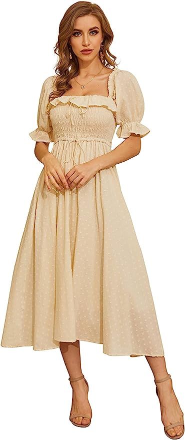 R.YIposha Women Vintage Elastic Square Neck Ruffled Half Sleeve Summer Backless Beach Flowy Maxi ... | Amazon (US)