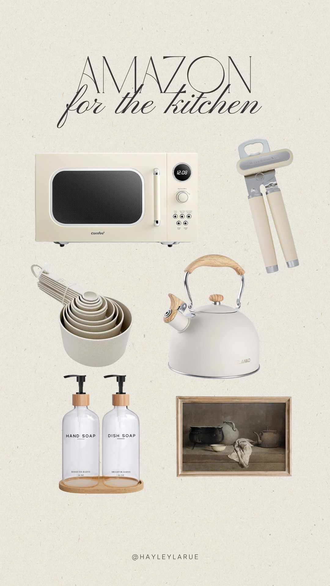 Amazon for the kitchen • neutral kitchen finds • retro microwave • beige microwave • kitchen decor • measuring cups • neutral can opener • neutral tea pot 

#LTKHome