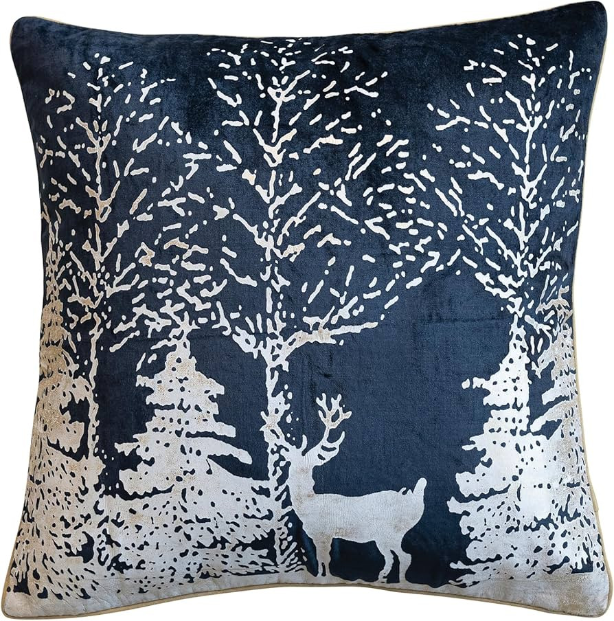 Creative Co-Op Square Cotton Velvet Printed Foil Pillow with Winter Scene and Piping, Color, Navy... | Amazon (US)