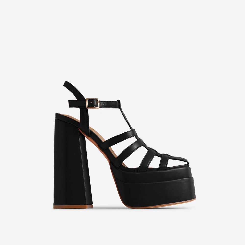 Silas Caged Closed Toe Platform Statement Block Heel In Black Faux Leather | EGO Shoes (US & Canada)