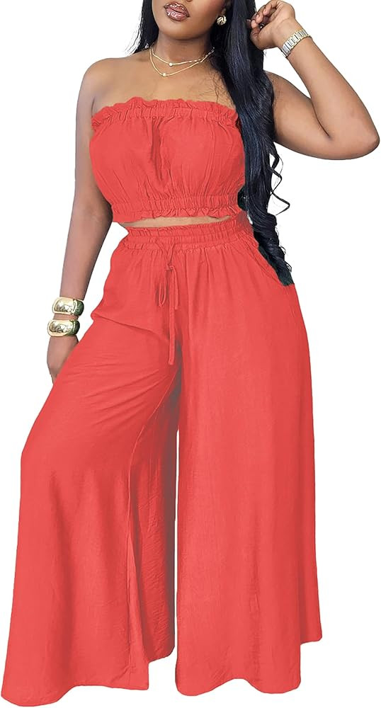 Two Piece Sets for Women Summer Outfits Crop Tops and Wide Leg Pants Sets Sexy Jumpsuits Vacation... | Amazon (US)