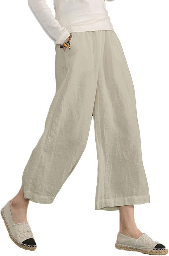 Womens Cotton Cropped Pants Loose Fit Wide Leg Capri Casual Plus Size Elastic Waist Trousers | Amazon (US)