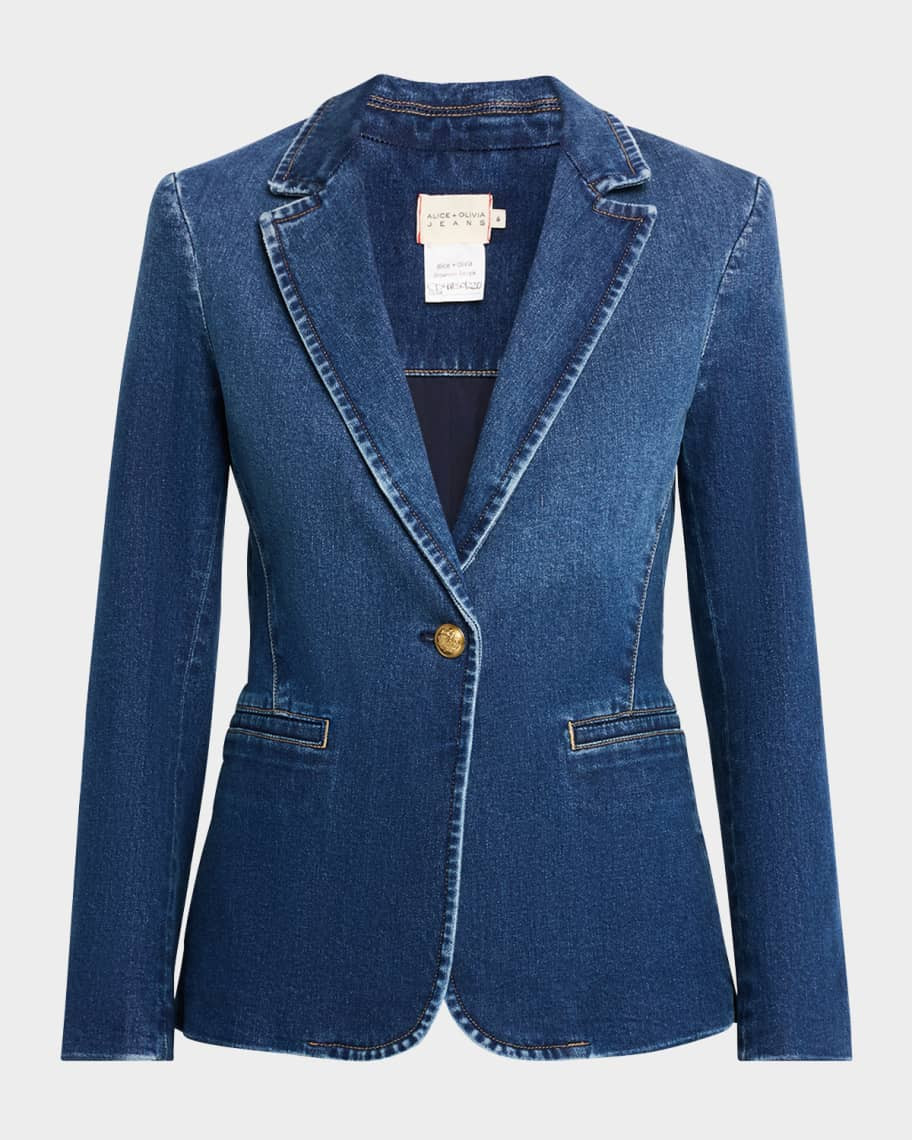 Alice + Olivia Macey Denim Notch-Collar Fitted Blazer | Neiman Marcus