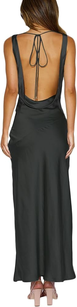 Satin Cowl Neck Sleeveless Backless Maxi Wedding Guest Dress Silk Open Back Tie Back Prom Formal ... | Amazon (US)