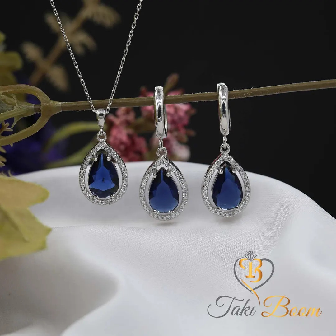 Sapphire Stone Jewelry Set, Drop-shaped Jewelry Set as a Gift for Mom, Navy Blue CZ Blue Stone Si... | Etsy (Global)