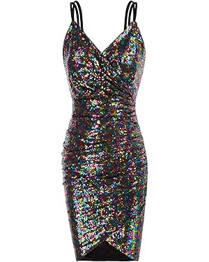 GRACE KARIN Women's Sexy Sequin Sparkly Glitter Ruched Party Club Dress Spaghetti Straps Wrap V-N... | Amazon (US)