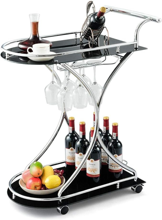 Tangkula Rolling Bar Cart, Glass Serving Cart with Metal Frame and 2 Tempered Glass Shelves, Tea/... | Amazon (US)