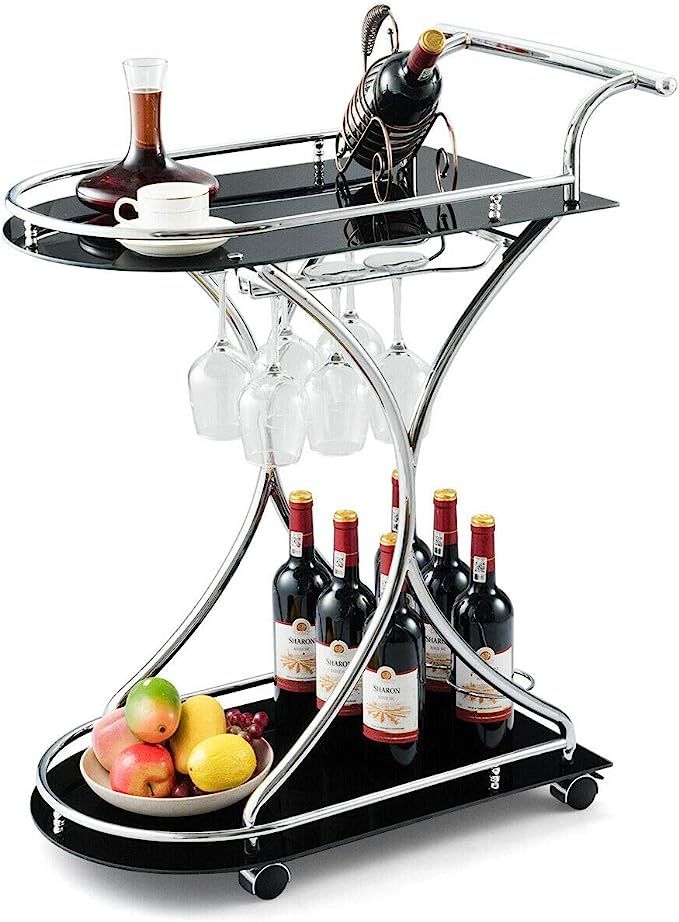 Tangkula Rolling Bar Cart, Glass Serving Cart with Metal Frame and 2 Tempered Glass Shelves, Tea/... | Amazon (US)