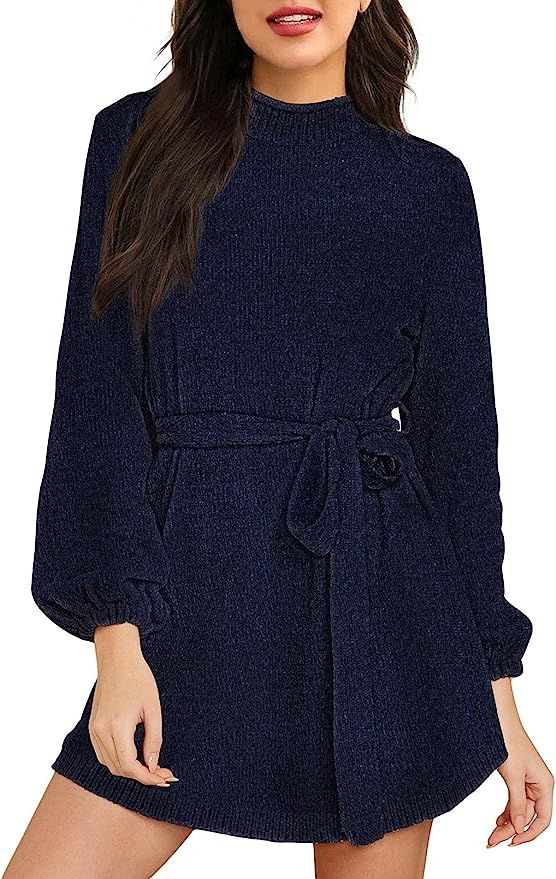 HAPCOPE Women's Chenille Sweater Dress Mock Neck Lantern Long Sleeve Dresses with Belt | Amazon (US)