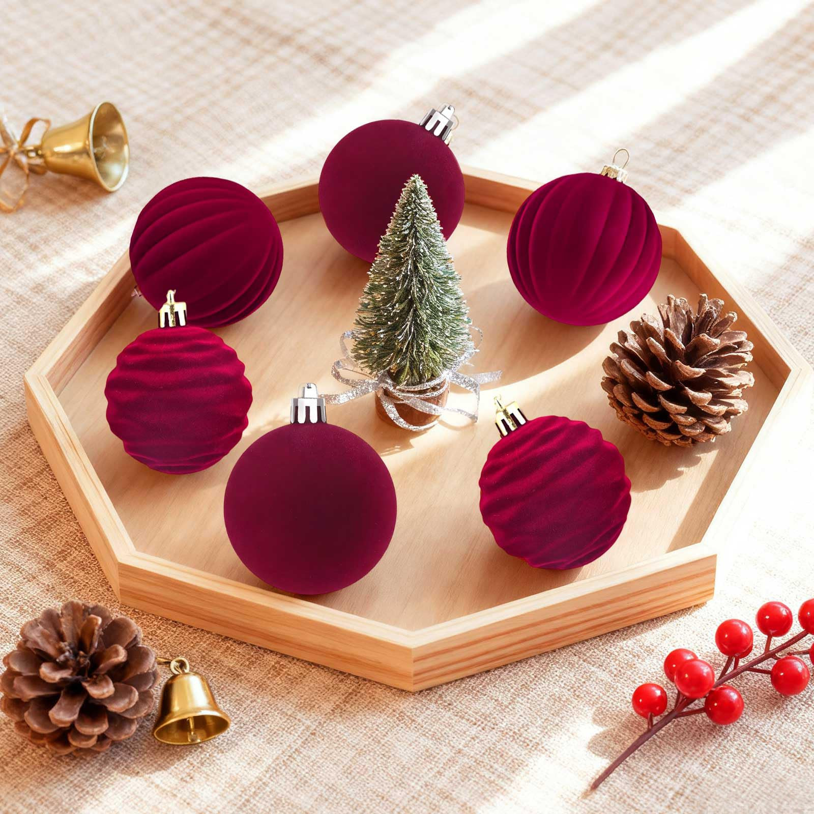 12Pcs Velvet Christmas Tree Ornaments, 2.4'' Burgundy Christmas Ornaments Set, Flocked Shatterpro... | Amazon (US)