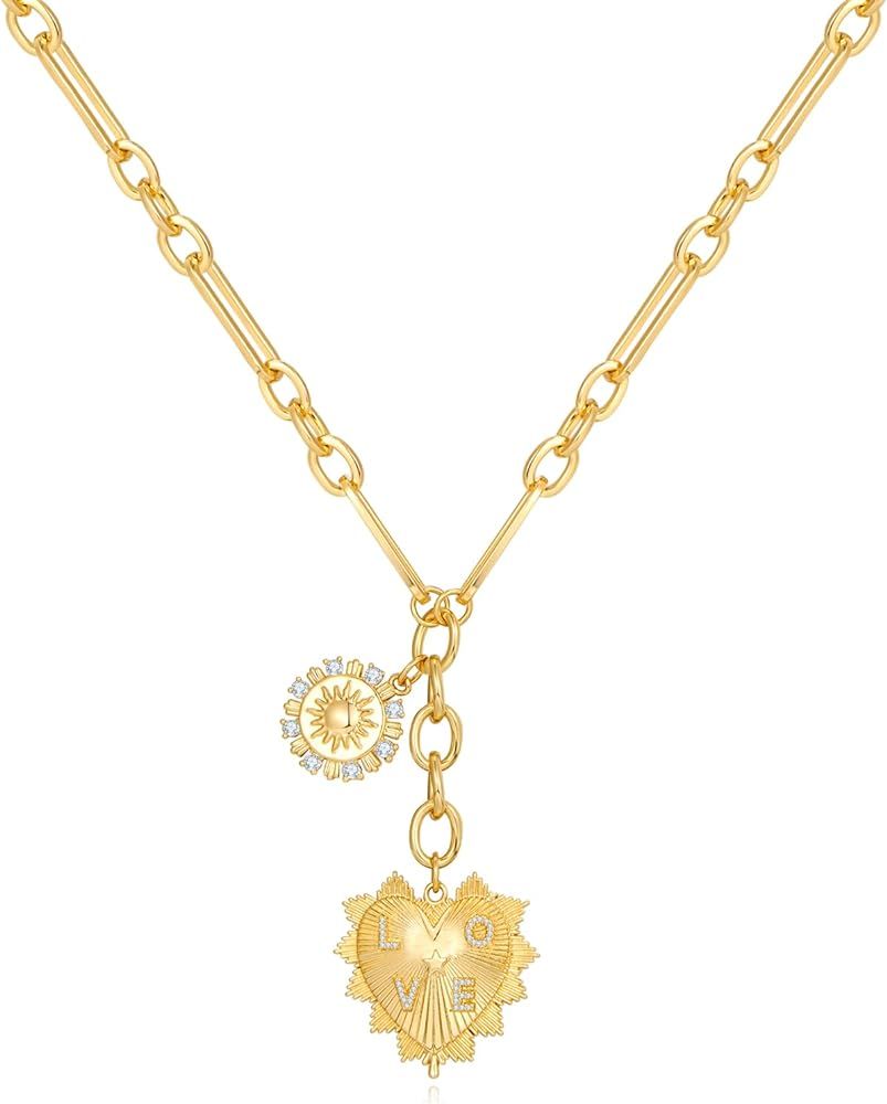 CLASSYZINT Sun Heart Necklace for Women - 18K Gold Heart Pendant Necklace - Chunky Pendant Neckla... | Amazon (US)