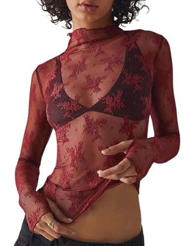 Flygo Sheer Long Sleeve Mesh Tops for Women Mock Neck See Through Floral Lace Layering Top Shirt Blouse(Burgundy-L) | Amazon (US)