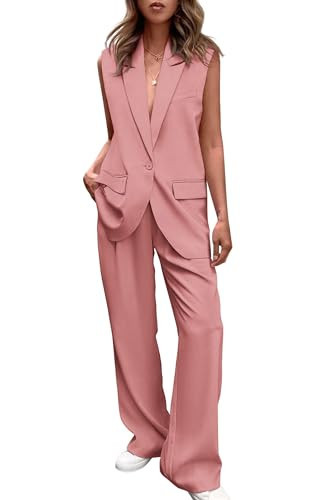 PRETTYGARDEN Women's 2 Piece Outfits Sleeveless Suit Vest and Wide Leg Pants Business Casual Blazer Sets (Light Pink,XX-Large) | Amazon (US)
